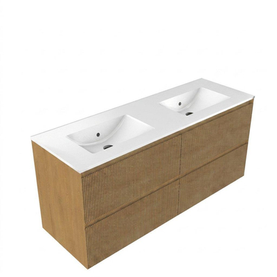 Saniclass Holz Atelier Badkamermeubelset - 140x45x60cm - keramische wastafel wit - 2 wasbakken - 2 kraangaten - 4 lades - Eiken Natural