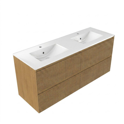 Saniclass Holz Atelier Ensemble de meubles de salle de bains - 140x45x62cm - Lavabo Vygo en céramique blanc - 2 vasques - 2 trous de robinetterie - 4 tiroirs - chêne naturel brillant (bois)