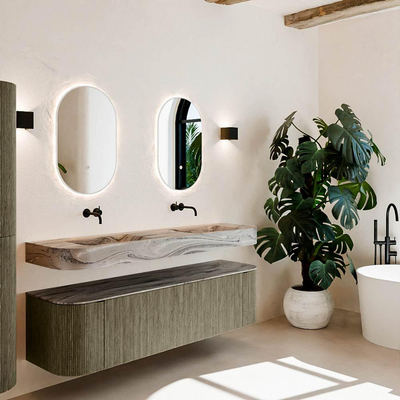 MONDIAZ THOR-DLUX 170cm meuble de salle de bains arrondi gauche + droite couleur Shadow avec 1 tiroir et 2 portes. Vasque suspendue CLOUD Double sans trou de robinet couleur Sombra.