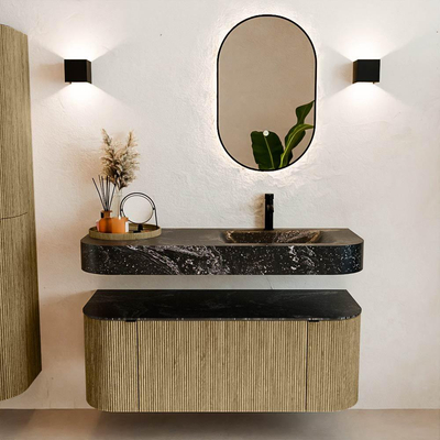 MONDIAZ THOR-DLUX Meuble de salle de bains 120cm arrondi gauche + droite couleur Dusk avec 1 tiroir et 2 portes. Vasque suspendue CLOUD Droite 1 trou de robinet couleur Lava.