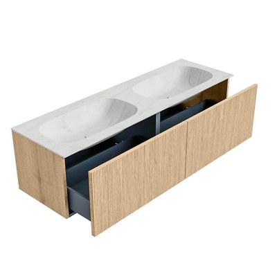 MONDIAZ KURVE-DLUX 150cm Meuble salle de bain - couleur Oak - 2 tiroirs - vasque STOR SMALL double - sans trou de robinet - couleur Opalo