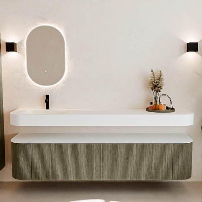 MONDIAZ THOR 200cm meuble de salle de bains arrondi gauche + droite couleur Shadow avec 2 tiroirs et 2 portes. Vasque suspendue CLOUD gauche 1 trou de robinet couleur Talc.