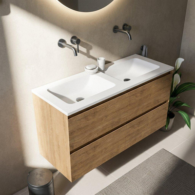 Saniclass Holz Pure Ensemble de meubles de salle de bains - 120x45x77.5cm - lavabo Torino en solid surface blanc - sans trou de robinet - 4 tiroirs - chêne natural mat (bois)