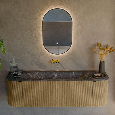 Mondiaz KURVE-DLUX Ensemble de meuble salle de bain - 150x46x40cm - 1 tiroir - 2 portes - lavabo en solid surface - milieu - sans trou de robinet - Dusk