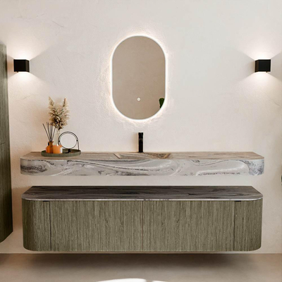 MONDIAZ THOR-DLUX Meuble de salle de bains 190cm arrondi gauche + droite couleur Shadow avec 2 tiroirs et 2 portes. Vasque suspendue CLOUD Milieu 1 trou de robinet couleur Sombra.