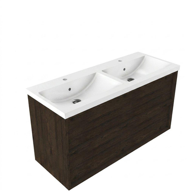 Saniclass Holz Frame Ensemble de meubles de salle de bains - 120x45x63.5cm - Bari lavabo en céramique blanc - 2 vasques - 2 trous de robinet - 2 tiroirs - chêne charcoal mat (bois)