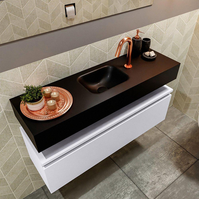 MONDIAZ ANDOR Meuble WC - 100x30x30cm - 1 trou de robinet - 1 tiroir - noir mat - lavabo centré - Solid surface - Noir