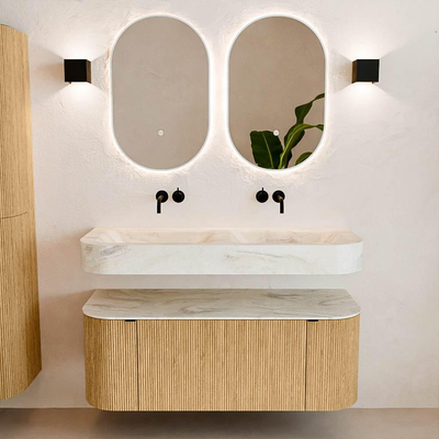 MONDIAZ THOR-DLUX 120cm badmeubel ronding links + rechts kleur Oak met 1 lade en 2 deuren. Vrijhangende wastafel CLOUD Dubbel zonder kraangat kleur Ostra.