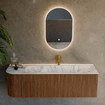 MONDIAZ KURVE-DLUX 145cm Meuble salle de bain avec module 25 G - couleur Walnut - 1 tiroir - 1 porte - vasque BIG LARGE droite - 1 trou de robinet - couleur Glace