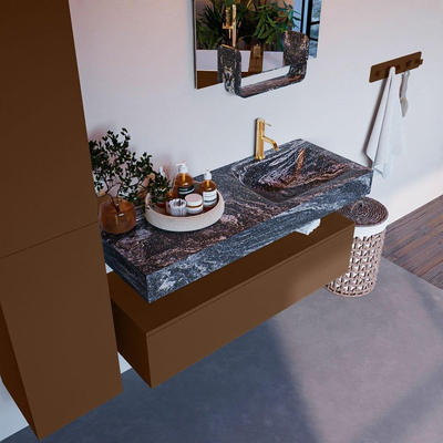 Mondiaz ALAN-DLUX Ensemble de meuble - 120cm - meuble Rust mat - 1 tiroir - Lavabo Cloud Lava suspendu - vasque Droite - 1 trou de robinet