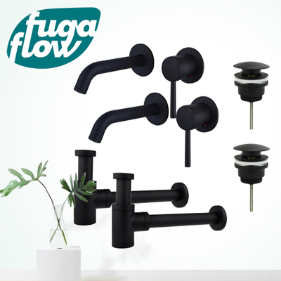 FugaFlow Eccelente Sobrado Slim Kit robinet lavabo - pour double vasque - robinet rehaussé - bonde clic clac - siphon design bas - Noir mat