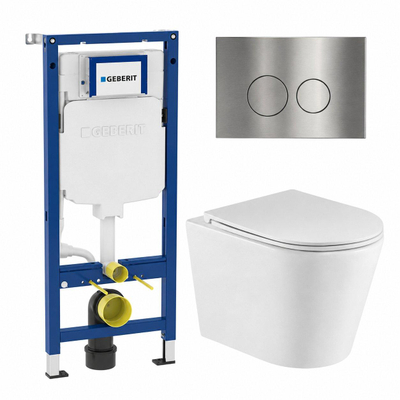 QeramiQ Dely Pack WC cuvette sans bride 36.3x51.7cm avec bâti-support Geberit UP320 abattant WC blanc brillant frein de chute et plaque de commande Steel boutons Ronds