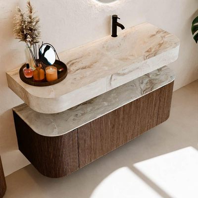 MONDIAZ THOR-DLUX 130cm meuble de salle de bains arrondi gauche + droite couleur Walnut avec 1 tiroir et 2 portes. Vasque suspendue CLOUD Droite 1 trou de robinet couleur Frappe.