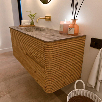 Mondiaz CIRO-DLUX Meuble de salle de bains - 120x45x50cm - Lavabo en solid surface Sombra - 1 vasque à gauche - sans trous de robinet - 2 tiroirs - Chêne