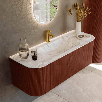 Mondiaz KURVE-DLUX Badkamermeubelset - 130x46x40cm - 1 lade - 2 deuren - wastafel solid surface - midden - 1 kraangat - Ruby