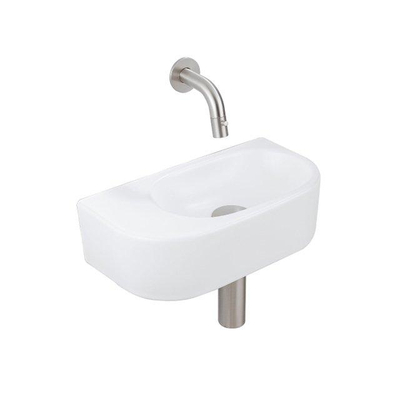QeramiQ Fuente fonteinset – halfrond – 40x21.5x12 cm – keramiek wit mat – zonder kraangat – kraan geborsteld RVS