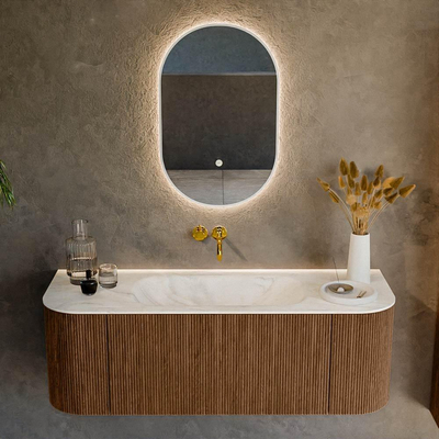 MONDIAZ KURVE-DLUX 130cm Meuble salle de bain avec module 25 G et D - couleur Walnut - 1 tiroir - 2 portes - vasque BIG SMALL centre - sans trou de robinet - couleur Ostra