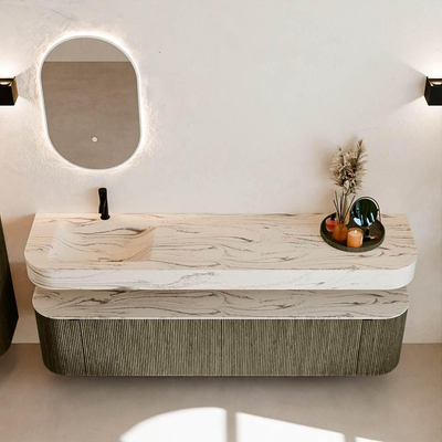 MONDIAZ THOR-DLUX 190cm meuble de salle de bains arrondi gauche + droite couleur Shadow avec 2 tiroirs et 2 portes. Vasque suspendue CLOUD Gauche 1 trou de robinet couleur Nata.