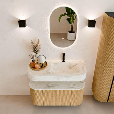 MONDIAZ THOR-DLUX 100cm meuble de salle de bains arrondi gauche + droite couleur Oak avec 1 tiroir et 2 portes. Vasque suspendue CLOUD Droite 1 trou de robinet couleur Ostra.