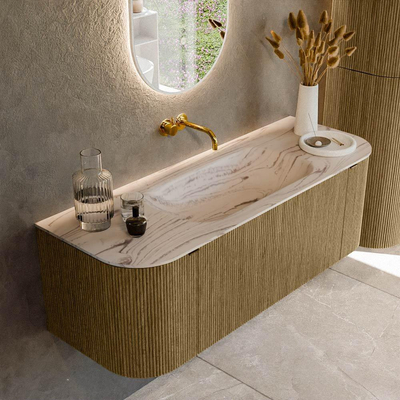 MONDIAZ KURVE-DLUX Meuble de salle de bains 130cm arrondi gauche + droite couleur Dusk avec 1 tiroir et 2 portes. Lavabo BIG SMALL central sans trou de robinet Nata.
