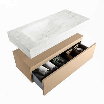Mondiaz ALAN-DLUX Ensemble de meuble - 100cm - meuble Oro mat - 1 tiroir - Lavabo Cloud Opalo suspendu - vasque Gauche - 1 trou de robinet