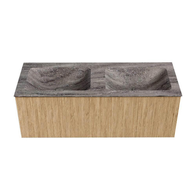 MONDIAZ KURVE-DLUX 120cm badmeubel kleur Oak met 1 lade en 0 deuren. Wastafel LEAF Dubbel 2 kraangaten Oza.