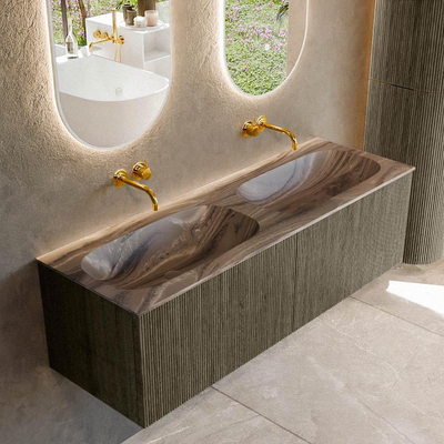 MONDIAZ KURVE-DLUX Meuble de salle de bains 140cm couleur Shadow avec 2 tiroirs et 0 porte. Lavabo STOR SMALL Double sans trou de robinetterie Sombra.