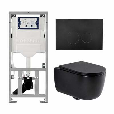 QeramiQ Dely Swirl Ensemble WC- 36.3x51.7cm - Réservoir encastré Geberit UP320 - abattant fin - Plaque de commande noir mat - Boutons ronds - Noir mat