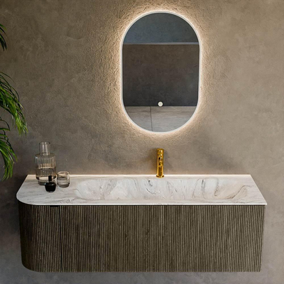 Mondiaz KURVE-DLUX Badkamermeubelset - 135x46x40cm - 1 lade - 1 deur - wastafel solid surface - rechts - 1 kraangat - Shadow