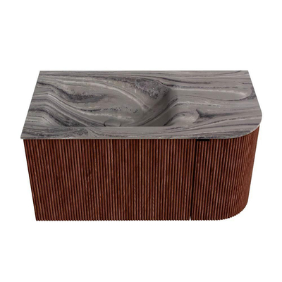 MONDIAZ KURVE-DLUX Meuble de salle de bains 85cm arrondi à droite couleur Ruby avec 1 tiroir et 1 porte. Lavabo CLOUD gauche sans trou de robinet Sombra.