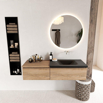 MONDIAZ BUKLA meuble de salle de bain 140 cm avec module 60 couleur Chêne blanchi avec 2 tiroirs. Lavabo CLOUD à droite 0 trous de robinet couleur Urbaine.