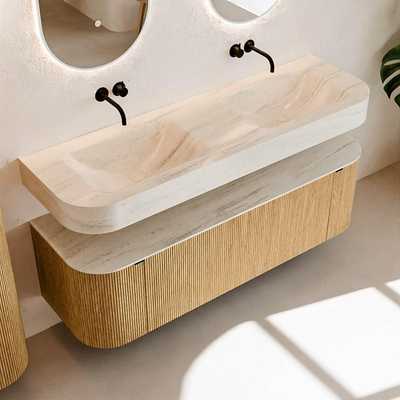 MONDIAZ THOR-DLUX 150cm meuble de salle de bains arrondi gauche + droite couleur Oak avec 1 tiroir et 2 portes. Vasque suspendue CLOUD Double sans trou de robinet couleur Meli.