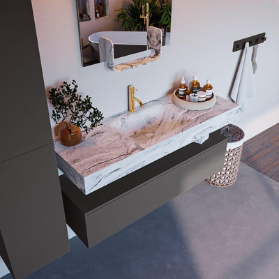 Mondiaz ALAN-DLUX Ensemble de meuble - 130cm - meuble Dark grey mat - 1 tiroir - Lavabo Cloud Glace suspendu - vasque Centre - 1 trou de robinet