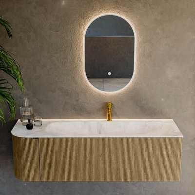 Ensemble de meuble de salle de bain Mondiaz KURVE-DLUX - 145x46x40cm - 1 tiroir - 1 porte - lavabo en solid surface - droite - 1 trou de robinet - Dusk