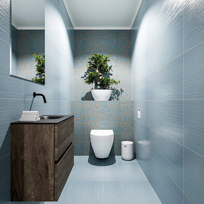 MONDIAZ ADA Meuble WC - 60x30x50cm - 0 trous de robinet - 2 tiroirs - brun foncé mat - vasque à droite - Solid surface - Noir