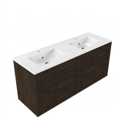 Saniclass Holz Frame Ensemble de meubles de salle de bains - 140x45x62cm - Lavabo Vygo en céramique blanc - 2 vasques - 2 trous de robinetterie - 4 tiroirs - chêne charcoal brillant (bois)