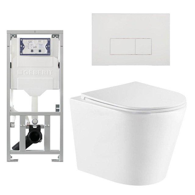 QeramiQ Dely Pack WC cuvette sans bride 36.3x51.7cm avec bâti-support Geberit UP320 abattant WC blanc mat frein de chute et plaque de commande Blanc mat boutons Rectangulaires