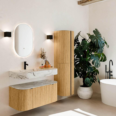 MONDIAZ THOR-DLUX 100cm badmeubel ronding links + rechts kleur Oak met 1 lade en 2 deuren. Vrijhangende wastafel CLOUD Links 1 kraangat kleur Glace.
