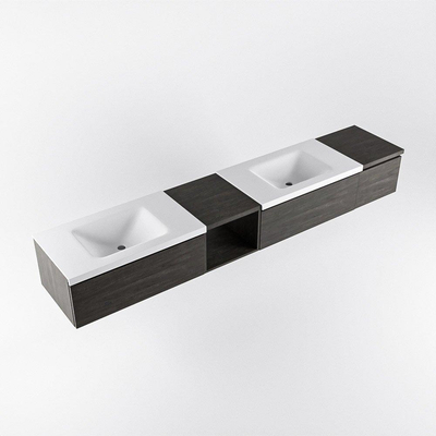 MONDIAZ BUKLA 240cm ensemble de meuble avec module ouvert 40 gauche couleur Marron Foncé avec 3 tiroirs. Lavabo CLOUD double 2 trous de robinet couleur Talc.