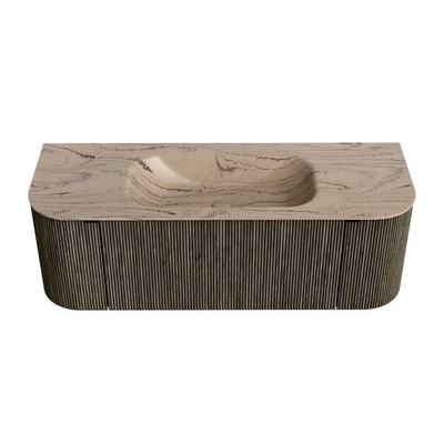 MONDIAZ KURVE-DLUX Meuble de salle de bains 130cm arrondi Gauche + Droite couleur Shadow avec 1 tiroir et 2 portes. Lavabo BIG SMALL Central sans trou de robinet Arena.