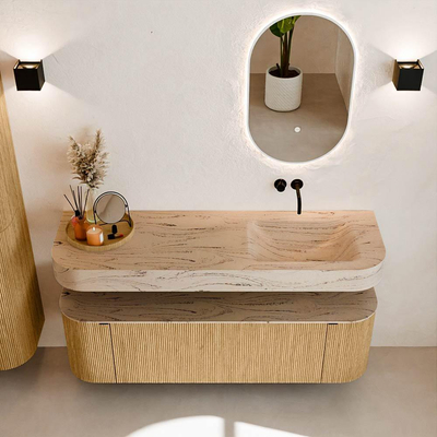 MONDIAZ THOR-DLUX 150cm badmeubel ronding links + rechts kleur Oak met 1 lade en 2 deuren. Vrijhangende wastafel CLOUD Rechts zonder kraangat kleur Arena.