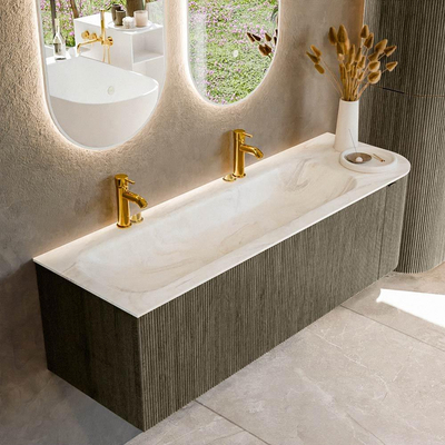 Mondiaz KURVE-DLUX Badkamermeubelset - 145x46x40cm - 1 lade - 1 deur - wastafel solid surface - links - 2 kraangaten - Shadow