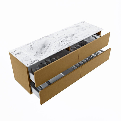 MONDIAZ VICA-DLUX Ensemble de meuble de salle de bains - 150cm - meuble bas oro - 4 tiroirs - lavabo encastré cloud à gauche - sans trous de robinet - version hauteur 60cm - glace