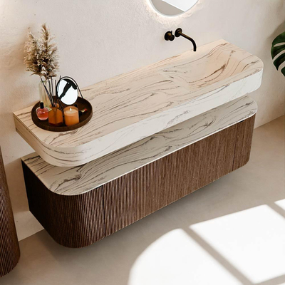 MONDIAZ THOR-DLUX 150cm meuble de salle de bains arrondi gauche + droite couleur Walnut avec 1 tiroir et 2 portes. Vasque suspendue CLOUD droite sans trou de robinet couleur Nata.