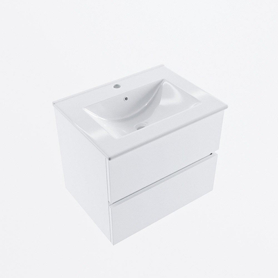 Mondiaz VICA Ensemble de meuble de salle de bain - 60cm - meuble sous-vasque talc - 2 tiroirs - lavabo denia milieu - 1 trou de robinet - version haute de 60cm - blanc brillant