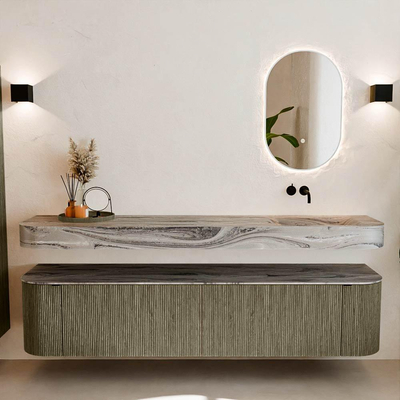 MONDIAZ THOR-DLUX 200cm meuble de salle de bains arrondi gauche + droite couleur Shadow avec 2 tiroirs et 2 portes. Vasque suspendue CLOUD Droite sans trou de robinet couleur Sombra.