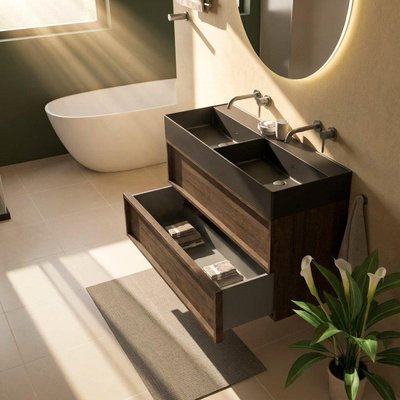 Saniclass Holz Frame Ensemble de meubles de salle de bains - 120x45x72cm - lavabo Legend en céramique noir mat - 2 vasques - sans trous de robinet - 2 tiroirs - chêne charcoal mat (bois)