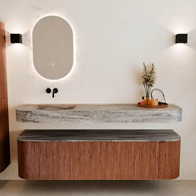 MONDIAZ THOR-DLUX Meuble de salle de bains - 170cm - arrondi gauche + droite - couleur Ruby - 1 tiroir - 2 portes - Vasque suspendue CLOUD Gauche sans trou de robinet - couleur Oza