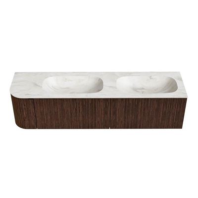 MONDIAZ KURVE-DLUX meuble de salle de bains 175 cm avec module 25 L couleur Walnut avec 2 tiroirs et 1 porte. Lavabo STOR SMALL double / à droite 2 trous de robinet couleur Ostra.