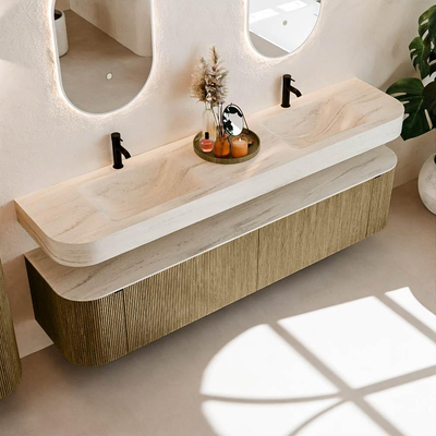 MONDIAZ THOR-DLUX 200cm meuble de salle de bains arrondi gauche + droite couleur Dusk avec 2 tiroirs et 2 portes. Vasque suspendue CLOUD Double 2 trous de robinet couleur Meli.